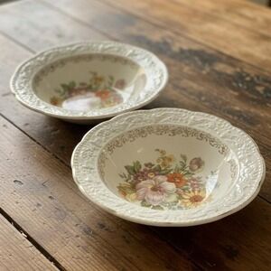 Edwin Knowles China Floral Fruit Bowls, Set of 2, Vtg Embossed Edge Dinnerware